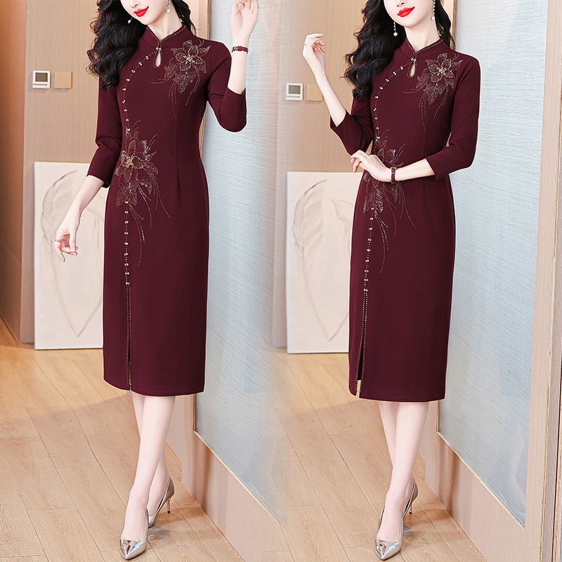 MY12759# 喜婆婆婚宴装新款高端妈妈婚宴晚礼服结婚红色连衣裙旗袍女裝...