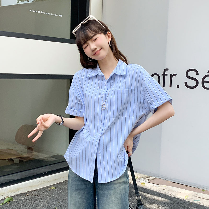 MY8889# polo领蓝色条纹短袖衬衫女夏季新款宽松显瘦百搭女裝貨源服裝批發