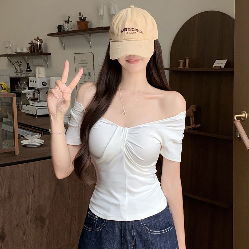 MY9398# 一字肩短袖t恤女夏新款设计感小众V领短款露肩上衣女裝貨源服裝批發