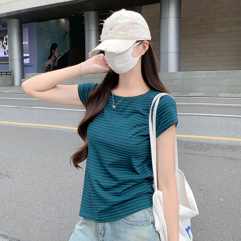 MY9397# 墨绿色正肩条纹短袖t恤女夏季高级感新款休闲上衣女裝貨源服裝批發