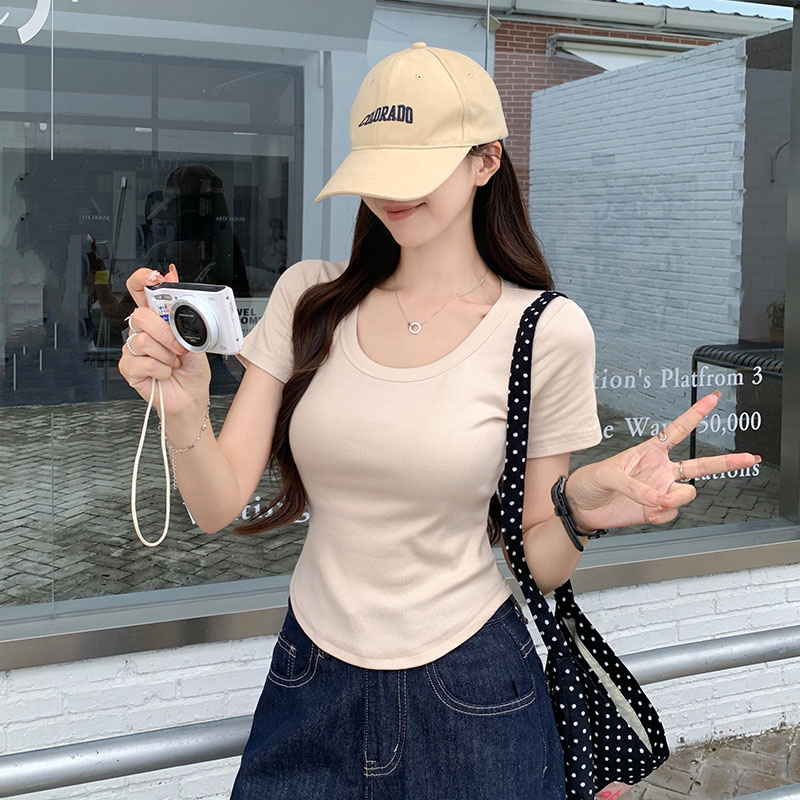 MY9395# 低圆领漏锁短袖t恤女新款夏季纯棉体恤甜辣短款上衣女裝貨源服裝批發