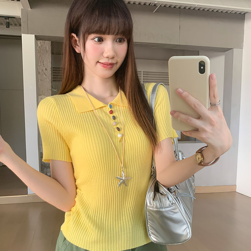 MY9571# polo翻领冰丝针织衫t恤夏季薄款显瘦短款收腰上衣女裝貨源服裝批發
