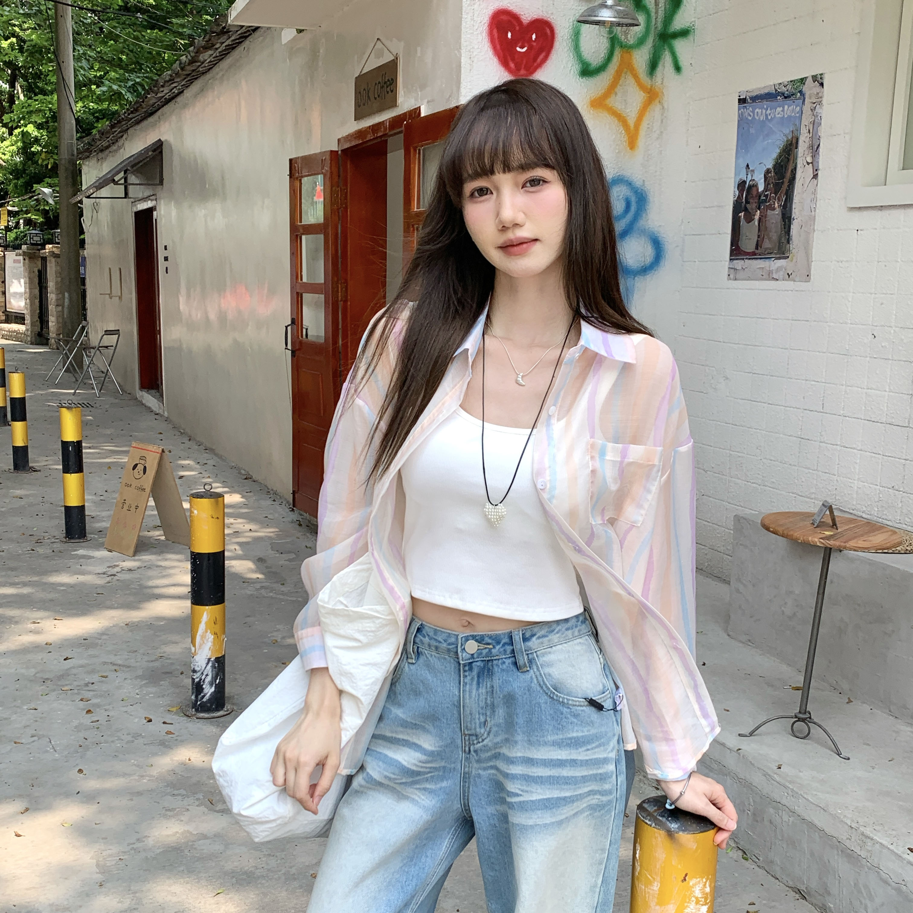 polo领条纹防晒长袖衬衫女新...