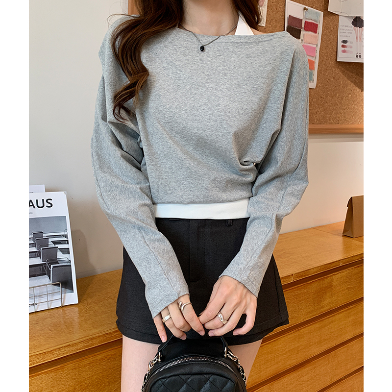 MY14261# 灰色斜肩挂脖假两件长袖t恤女秋季露肩宽松内搭打底衫女裝貨...