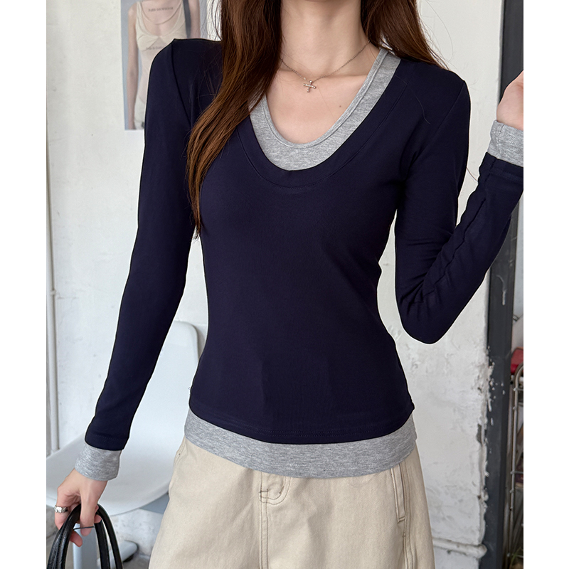 MY14499# 藏青色拼接假两件v领打底衫内搭女秋冬修身显瘦长袖t恤女裝...