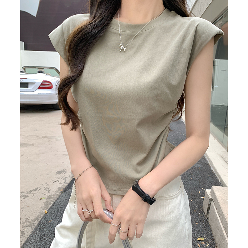實拍實價短袖t恤女春2026新款設計感收腰褶皺坎肩無袖短款上衣女