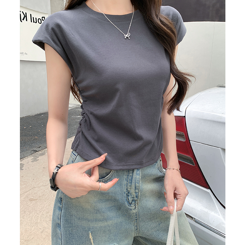實拍實價短袖t恤女春2026新款設計感收腰褶皺坎肩無袖短款上衣女