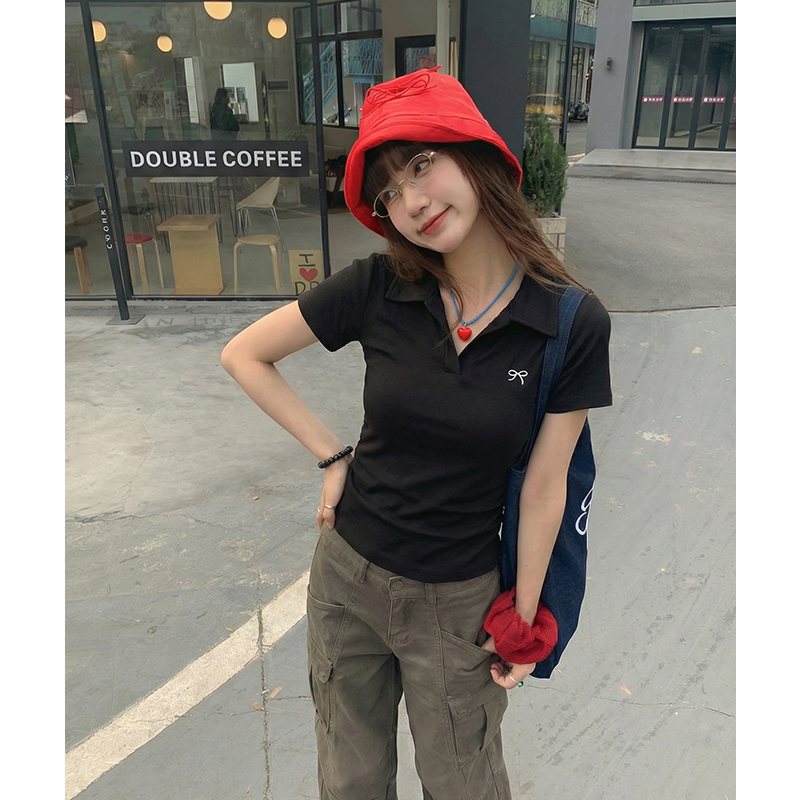 實價實拍#白色刺繡polo翻領正肩短袖t恤女春季夏褶皺收腰短款上衣