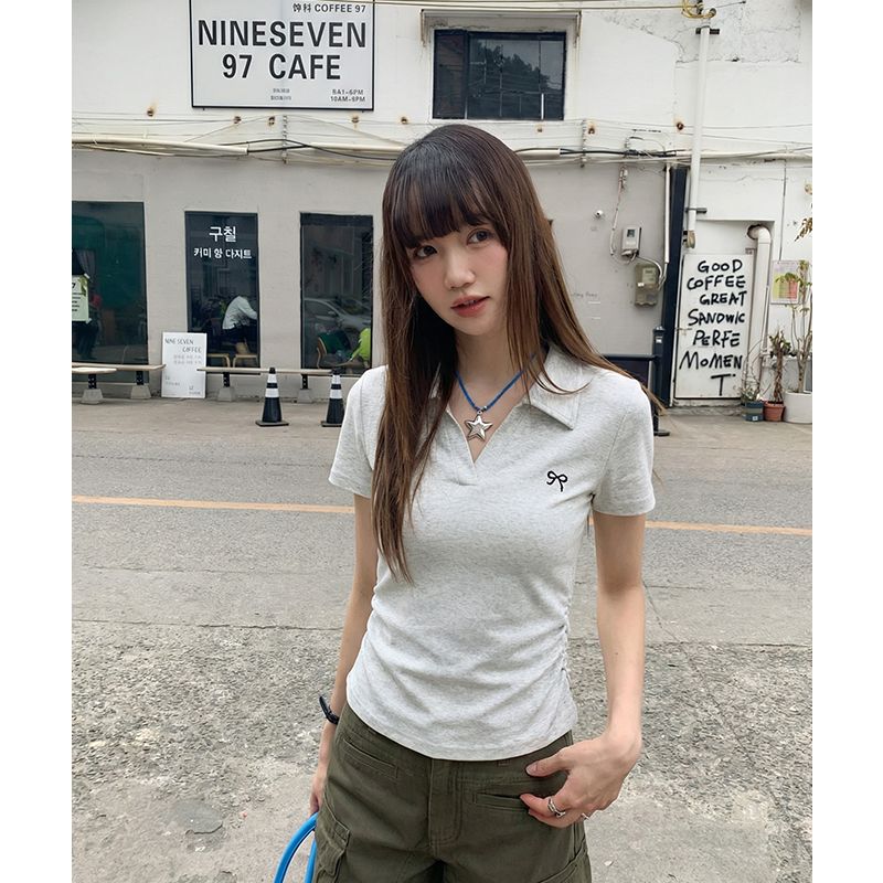 實價實拍#白色刺繡polo翻領正肩短袖t恤女春季夏褶皺收腰短款上衣