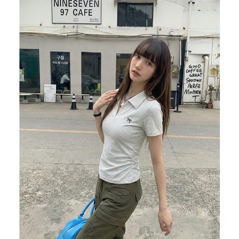 實價實拍#白色刺繡polo翻領正肩短袖t恤女春季夏褶皺收腰短款上衣