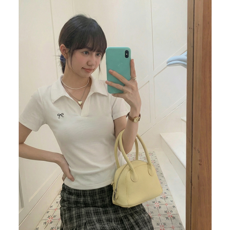 實價實拍#白色刺繡polo翻領正肩短袖t恤女春季夏褶皺收腰短款上衣