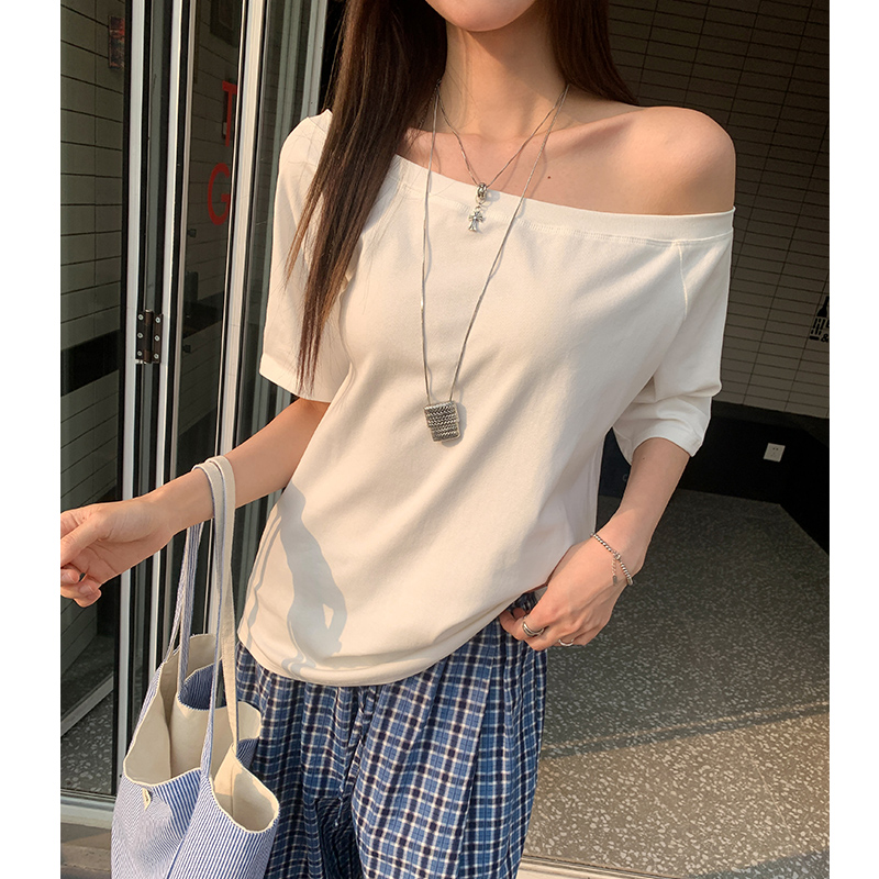 實拍實價純色斜肩短袖t恤女春季新款設計感簡約百搭顯瘦寬松上衣