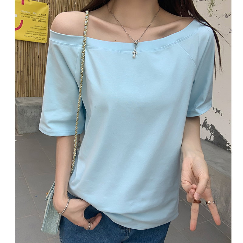 實拍實價純色斜肩短袖t恤女春季新款設計感簡約百搭顯瘦寬松上衣