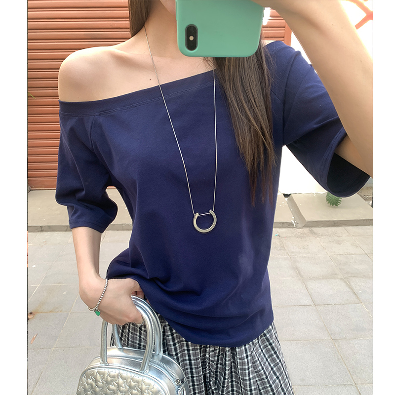 實拍實價純色斜肩短袖t恤女春季新款設計感簡約百搭顯瘦寬松上衣