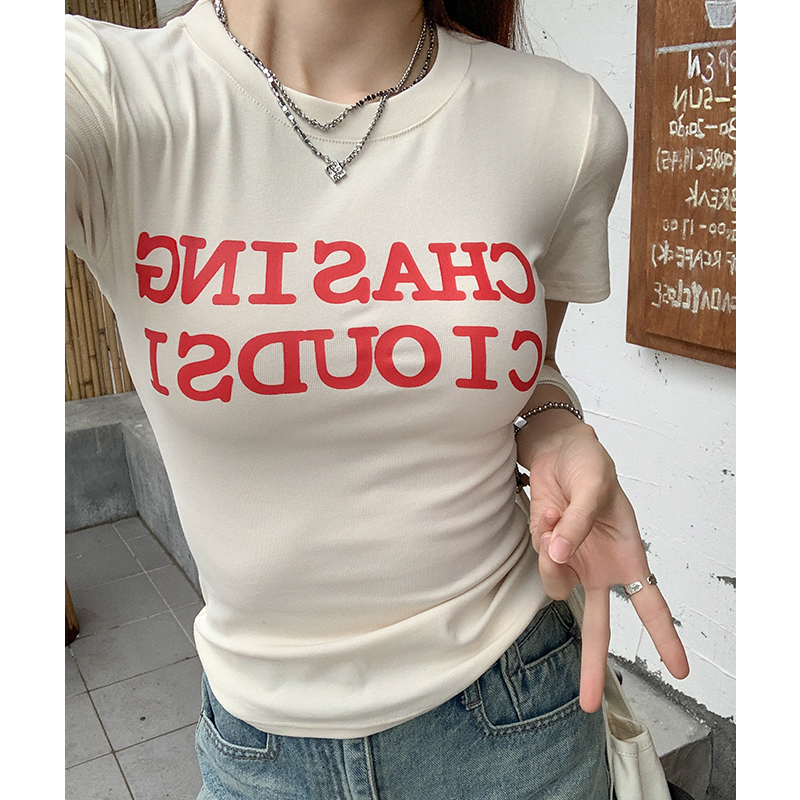 實拍實價#  圓領字母印花正肩短袖t恤女春2026新款美式復古顯瘦