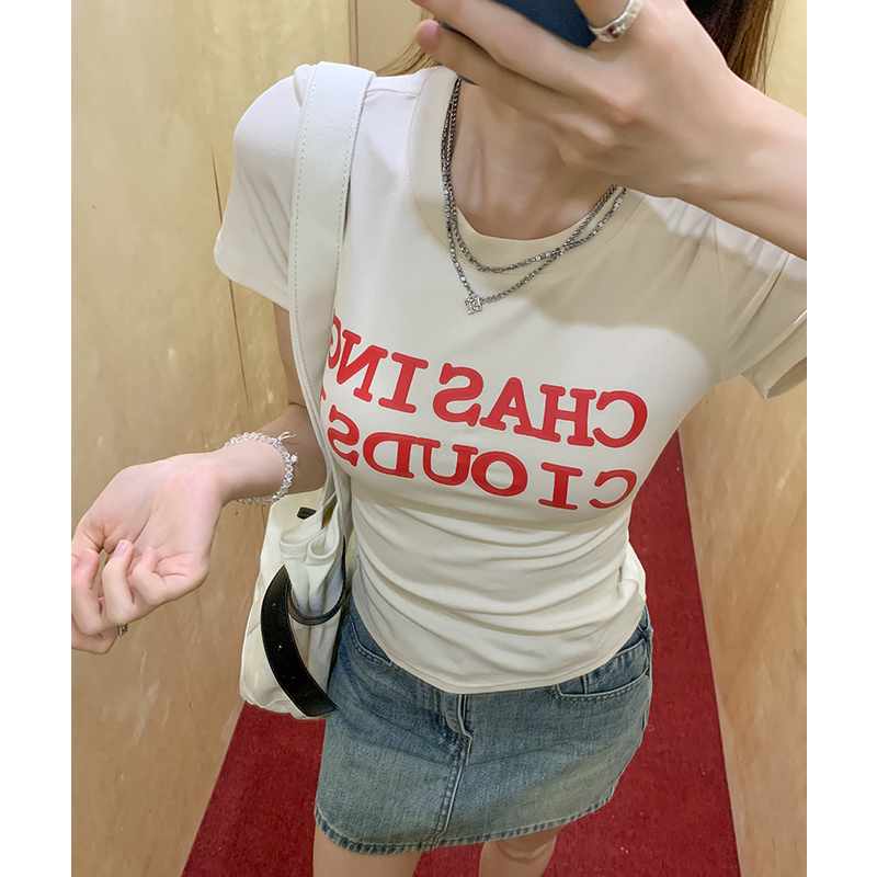 實拍實價#  圓領字母印花正肩短袖t恤女春2026新款美式復古顯瘦