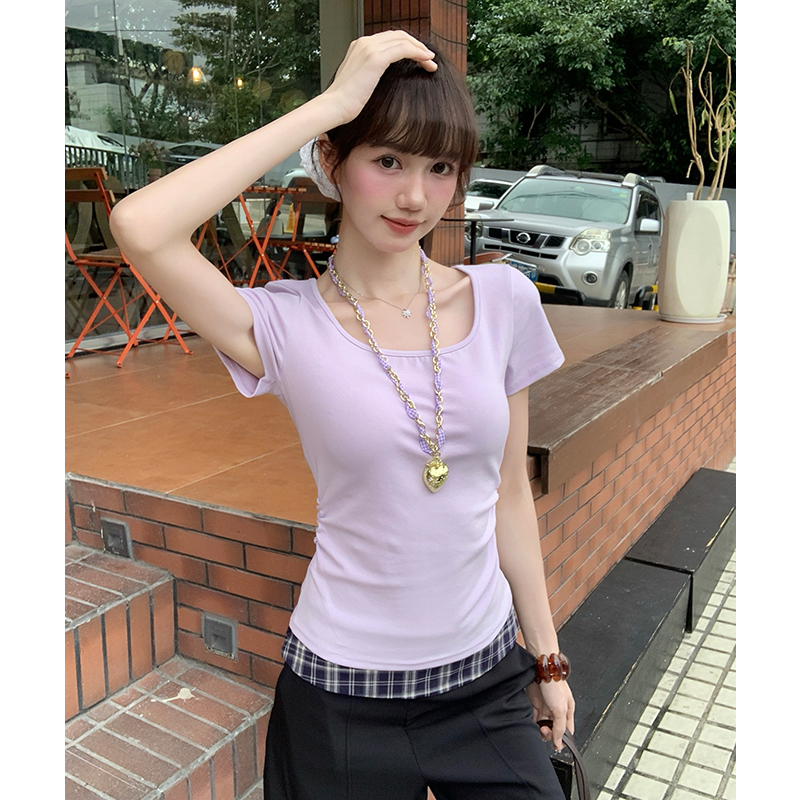 實拍實價#黃色方領正肩短袖t恤女春韓系百搭顯瘦修身短款褶皺收腰
