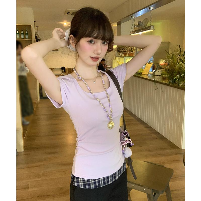 實拍實價#黃色方領正肩短袖t恤女春韓系百搭顯瘦修身短款褶皺收腰