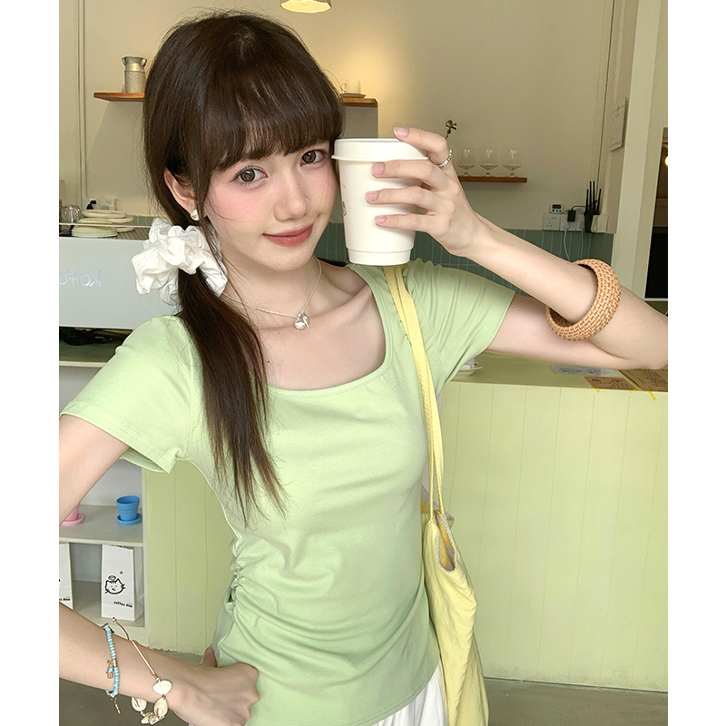 實拍實價#黃色方領正肩短袖t恤女春韓系百搭顯瘦修身短款褶皺收腰