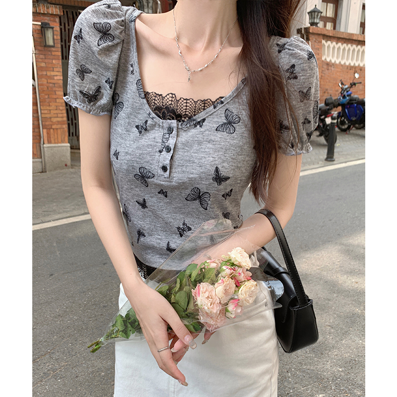 實價實拍#蝴蝶灰色蕾絲假兩件方領短袖t恤女春季夏小個子短款上衣
