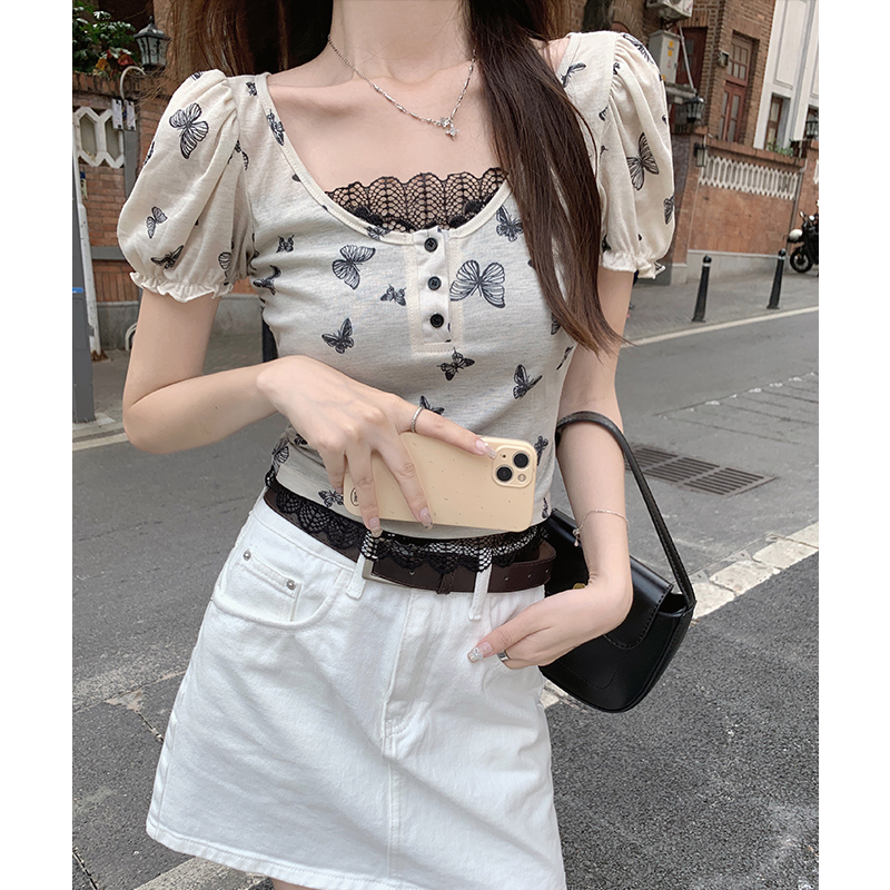 實價實拍#蝴蝶灰色蕾絲假兩件方領短袖t恤女春季夏小個子短款上衣