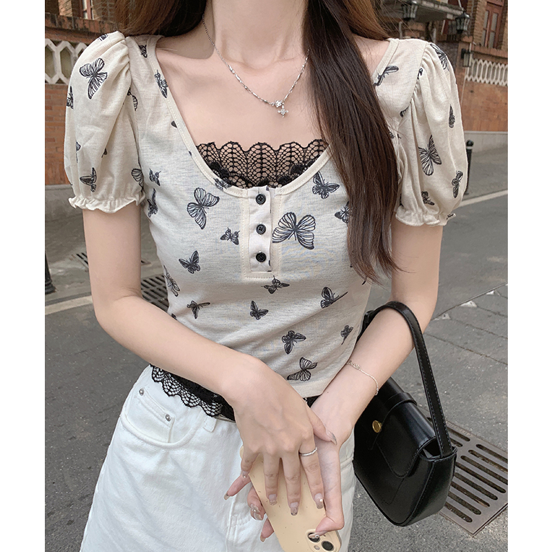 實價實拍#蝴蝶灰色蕾絲假兩件方領短袖t恤女春季夏小個子短款上衣