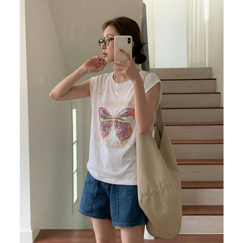 實拍實價#白色短袖t恤女春裝寬松印花別致獨特設計感小飛袖無袖