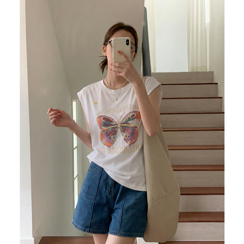 實拍實價#白色短袖t恤女春裝寬松印花別致獨特設計感小飛袖無袖