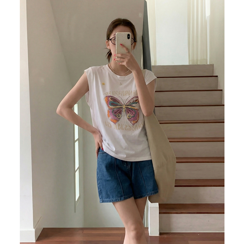 實拍實價#白色短袖t恤女春裝寬松印花別致獨特設計感小飛袖無袖