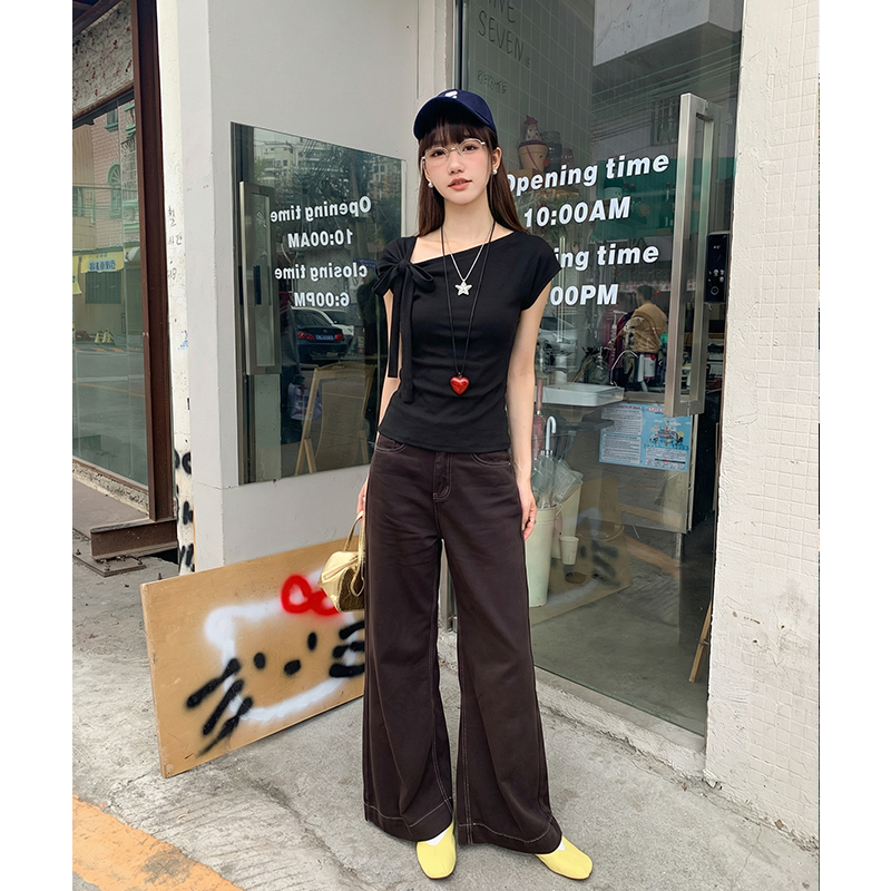 實拍實價#正肩短袖t恤女2026春季新款小眾蝴蝶結露肩斜肩短款上衣
