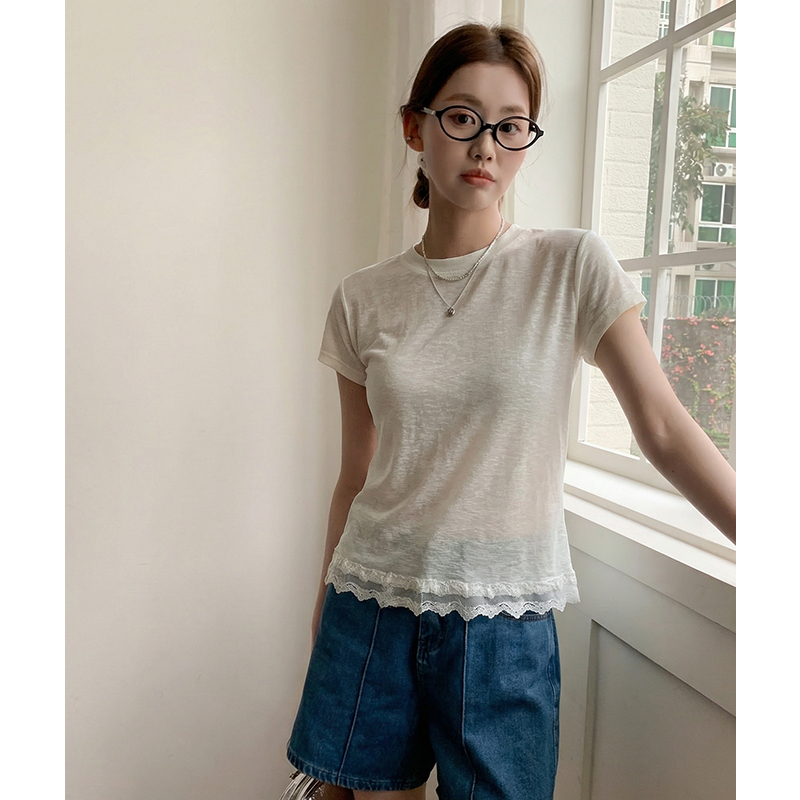 實拍實價#蕾絲花邊短袖t恤女春2026新款設計感小眾寬松薄款上衣