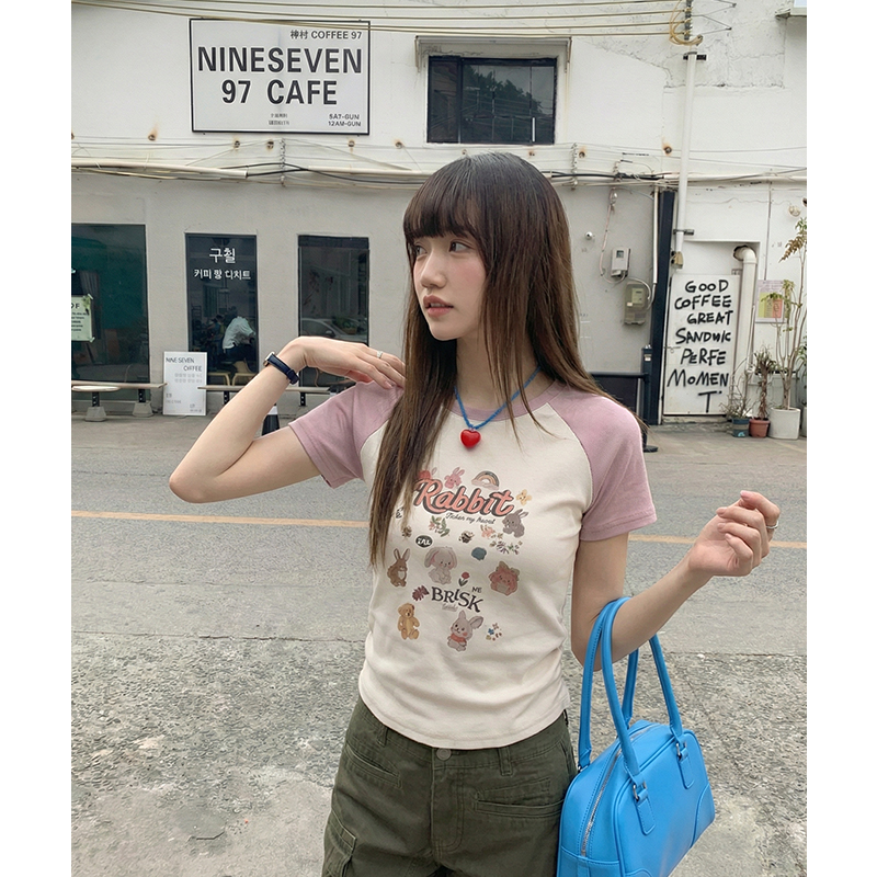 實拍實價#美式復古卡通印花插肩袖短袖t恤女春季設計感短款上衣
