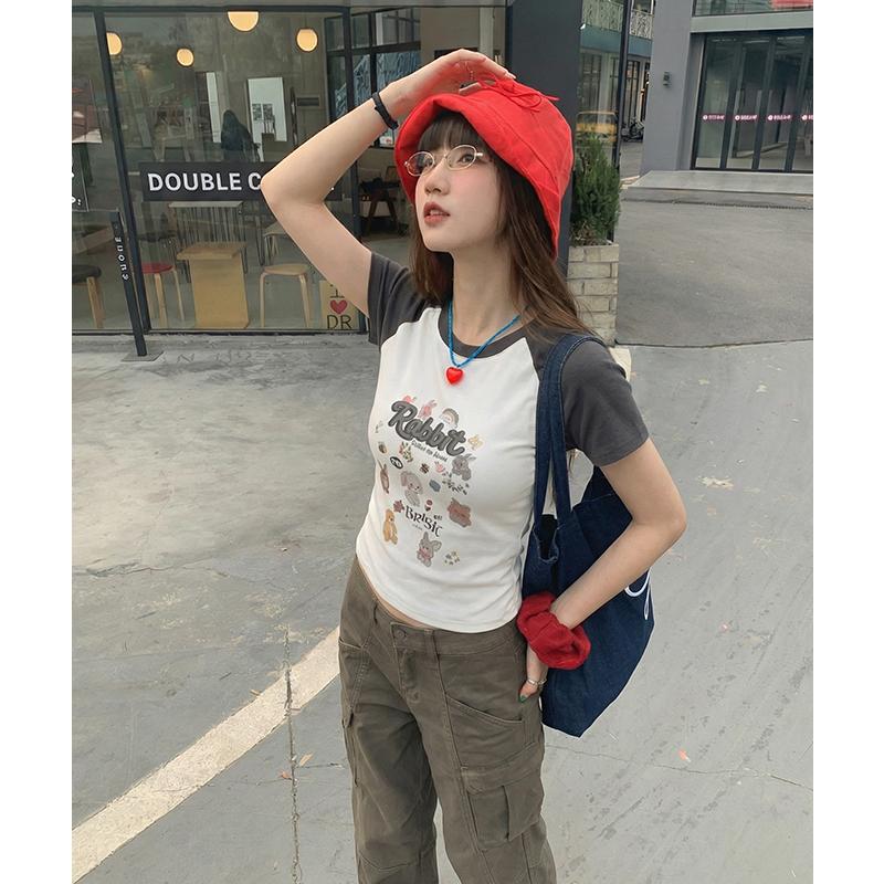 實拍實價#美式復古卡通印花插肩袖短袖t恤女春季設計感短款上衣
