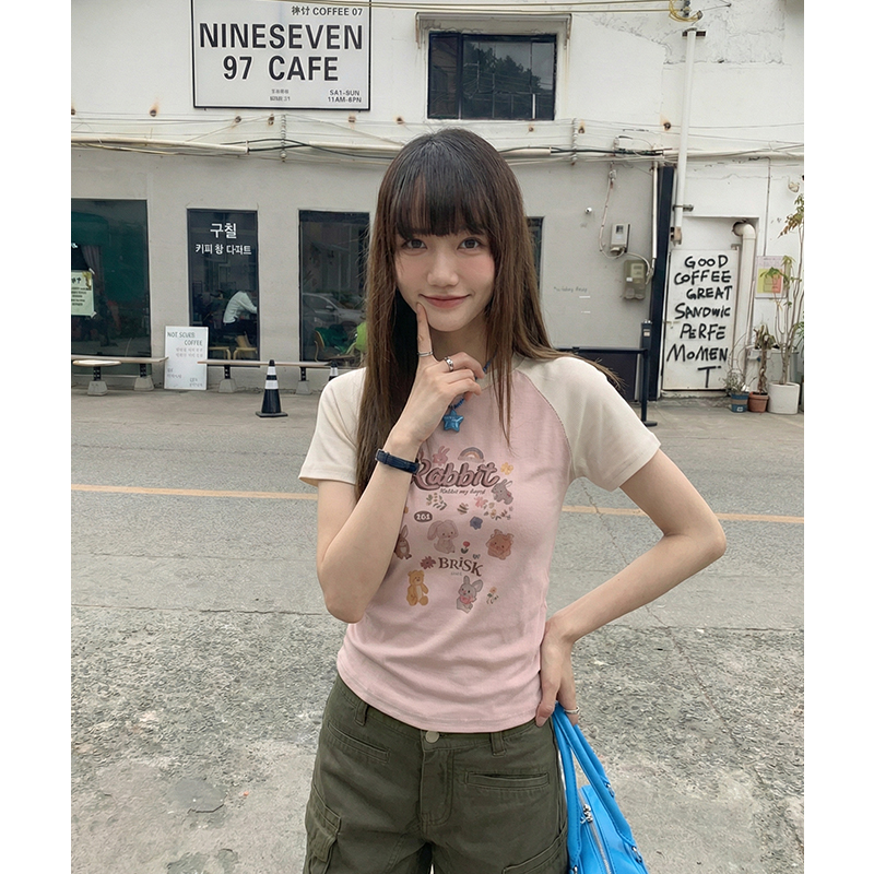 實拍實價#美式復古卡通印花插肩袖短袖t恤女春季設計感短款上衣