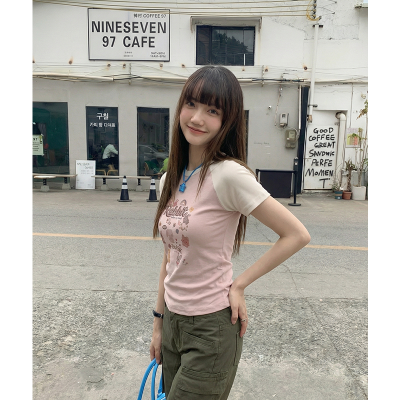 實拍實價#美式復古卡通印花插肩袖短袖t恤女春季設計感短款上衣