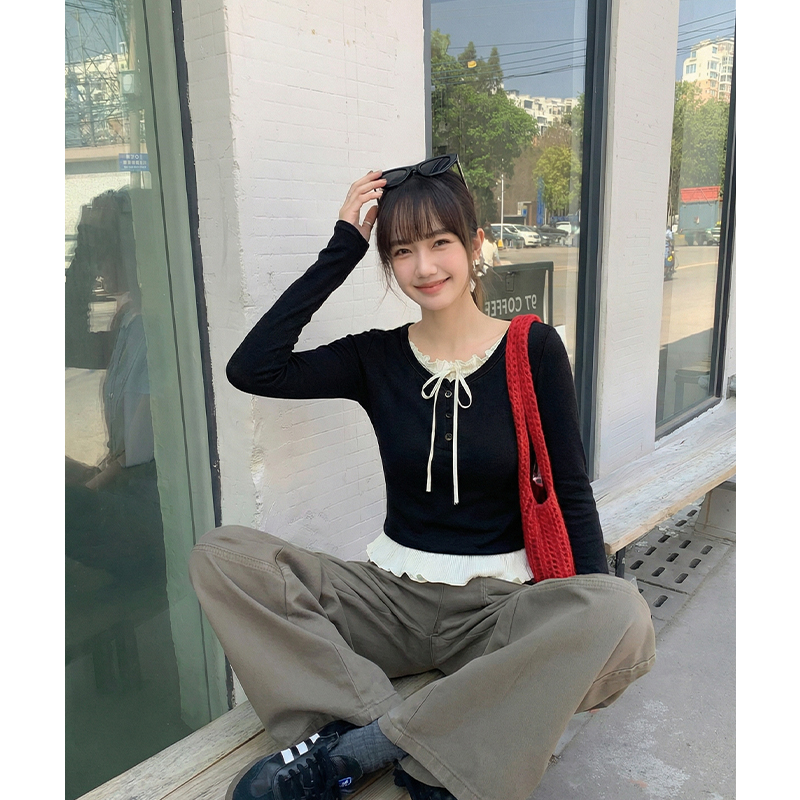 實拍實價假兩件短款2026春季獨特別致荷葉邊設計感上衣長袖t恤女
