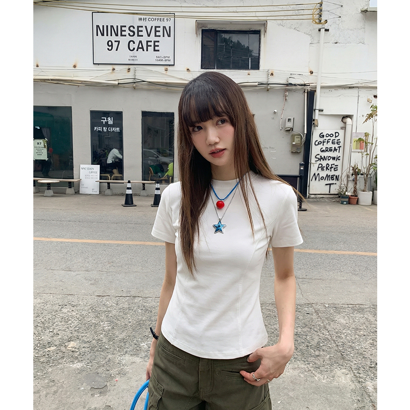 實拍實價#圓領短袖t恤女春季2026年新款設計感魚骨修身短款上衣女