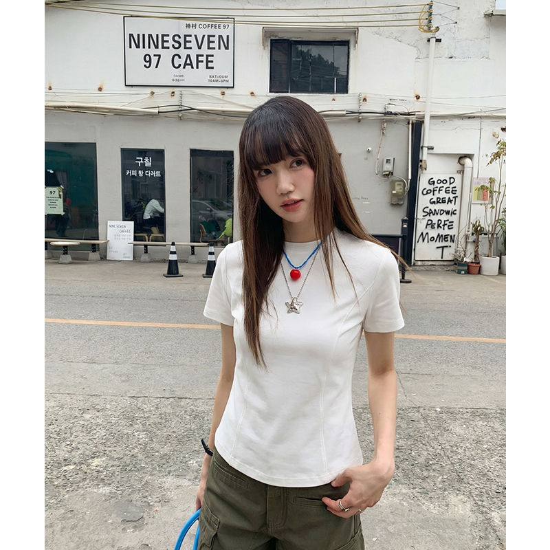 實拍實價#圓領短袖t恤女春季2026年新款設計感魚骨修身短款上衣女