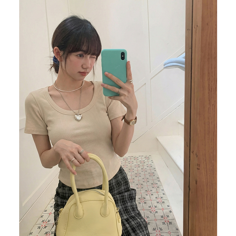 實拍實價#低圓領漏鎖短袖t恤女新款2026春季純棉體恤甜辣短款上衣