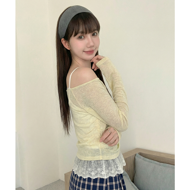實拍實價#冰絲針織衫女薄款防曬罩衫蕾絲拼接吊帶背心抽繩兩件套
