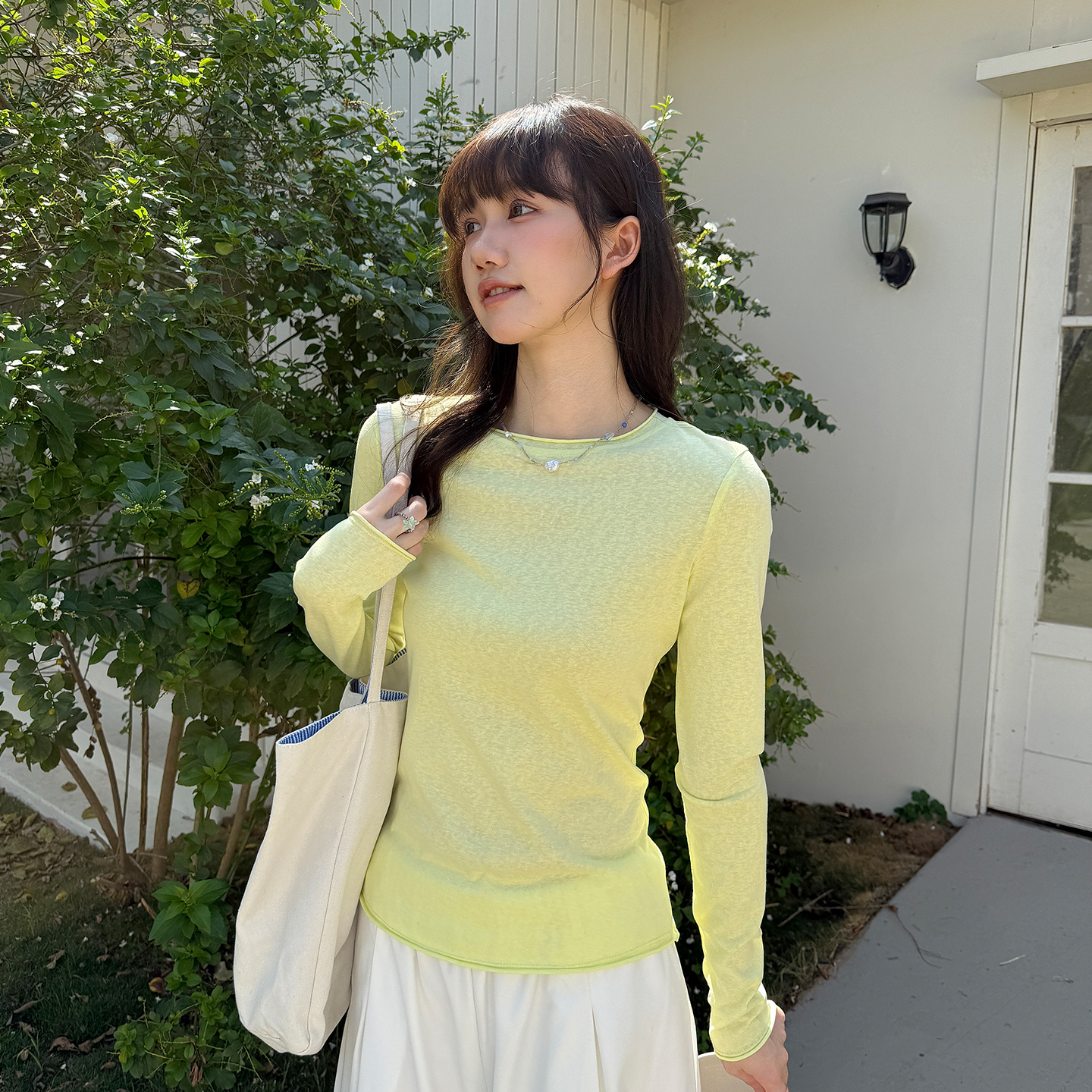 實拍實價正肩卷邊長袖t恤女2026春季新款薄款修身顯瘦上衣潮
