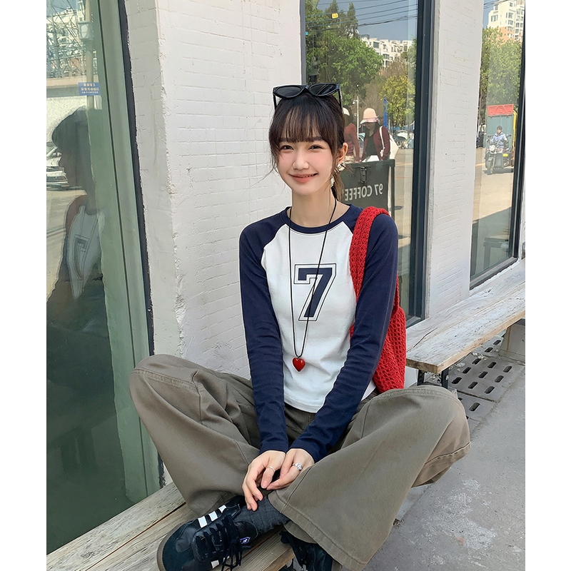 實價實拍#設計感撞色設計長袖T恤女早秋別致抽繩短款上衣撞色小衫