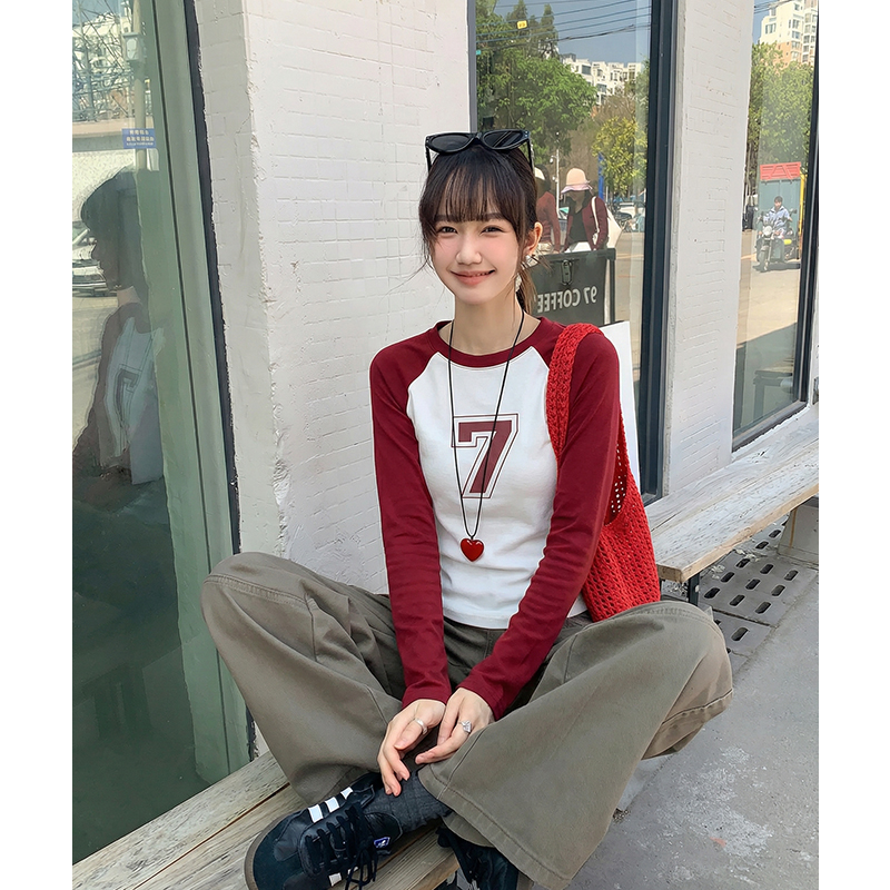 實價實拍#設計感撞色設計長袖T恤女早秋別致抽繩短款上衣撞色小衫