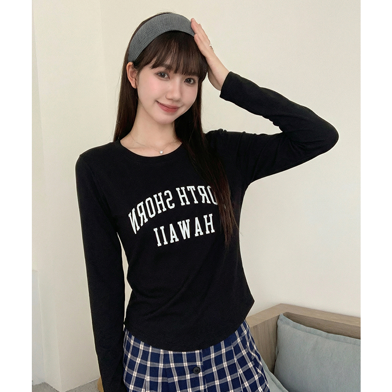 實拍#美式復古長袖t恤女2026新款上衣洋氣小衫內搭打底衫