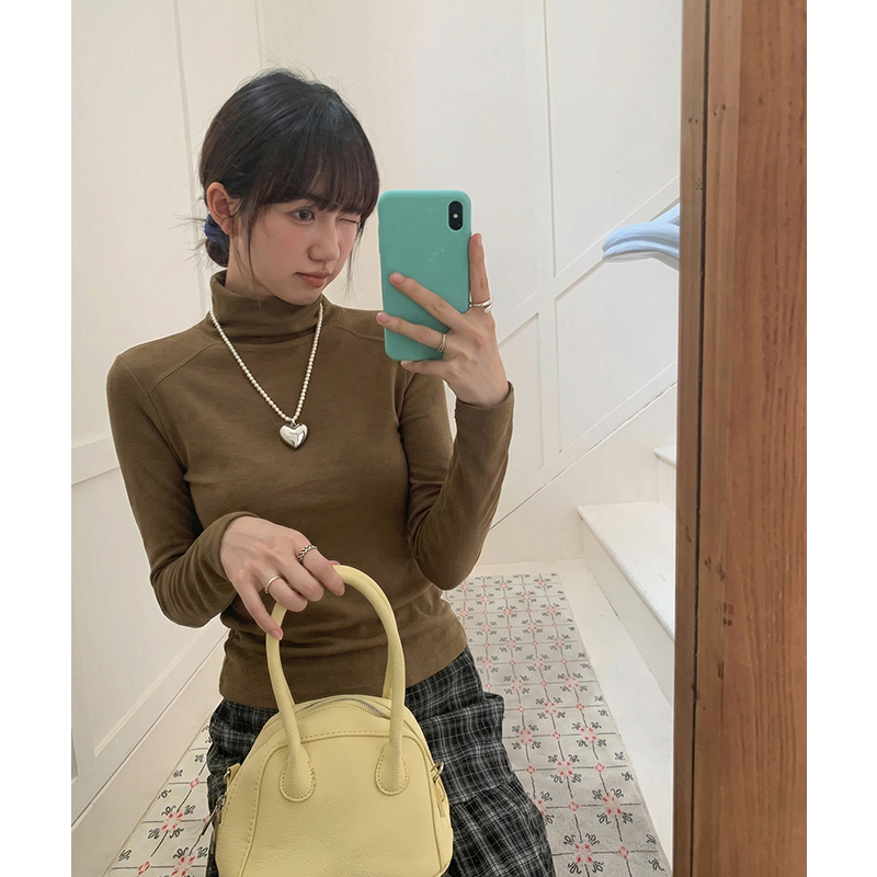 實拍實價#保暖羊絨中高領打底衫女春秋內搭上衣休閑拼接長袖t恤女
