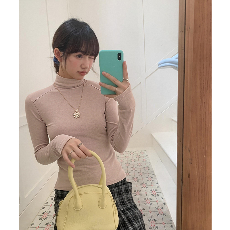 實拍實價#保暖羊絨中高領打底衫女春秋內搭上衣休閑拼接長袖t恤女