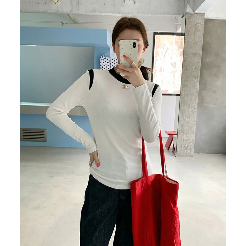 實價實拍#長袖t恤女春新款高端拼接上衣內搭半高領打底衫女