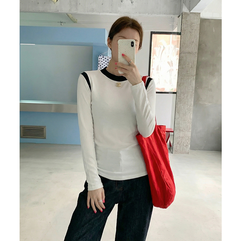 實價實拍#長袖t恤女春新款高端拼接上衣內搭半高領打底衫女