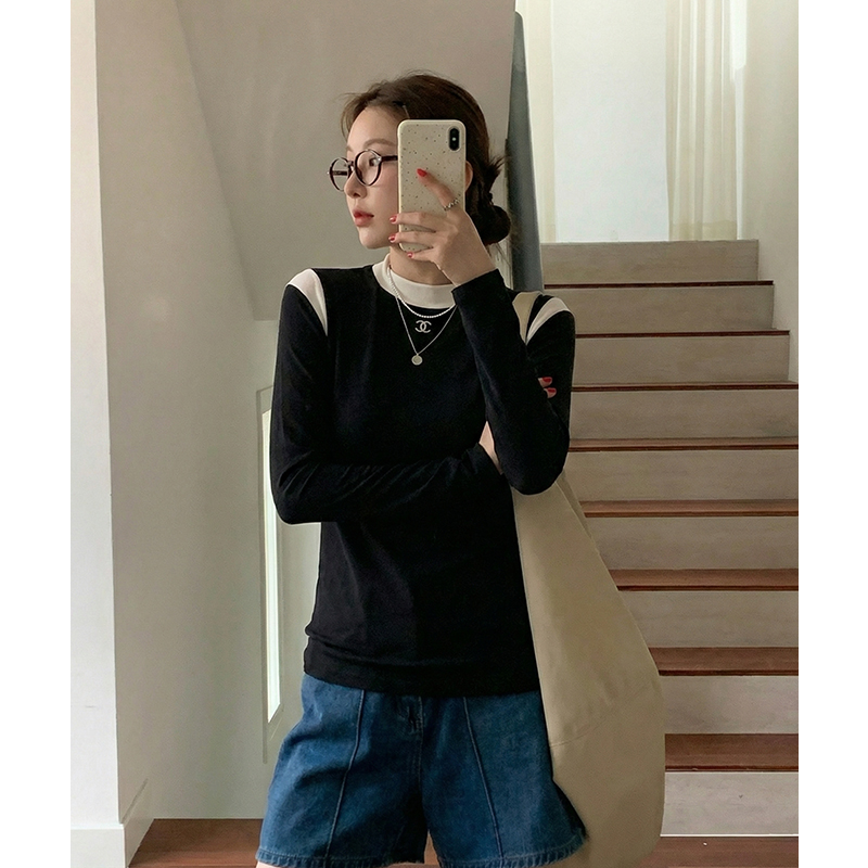 實價實拍#長袖t恤女春新款高端拼接上衣內搭半高領打底衫女