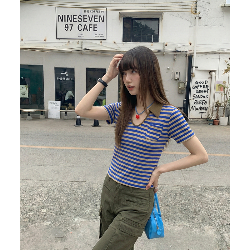 實拍實價#v領短袖t恤女春季別致設計感辣妹短款條紋上衣女polo衫